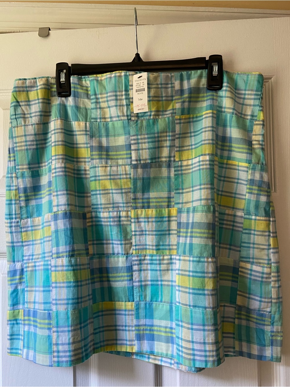 Talbots Plaid A-Line Skirt in Aqua, Yellow & White